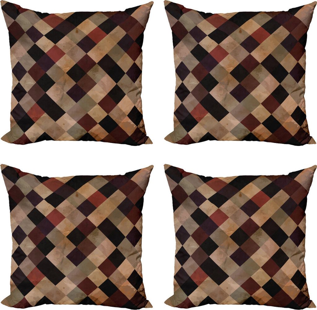 ABAKUHAUS Grunge Kissenbezug Set (4 Stück), Antique Brown tonte Gitter, Moderner Doppelseitiger Digitaldruck, 45 cm x 45 cm, Mehrfarbig