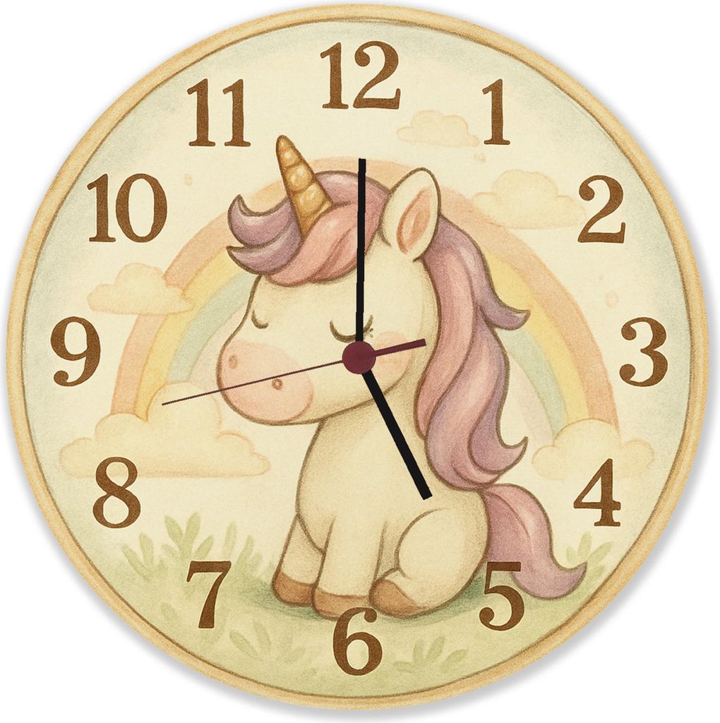 Cartoon Einhorn mit Regenbogen Wanduhr aus Alu