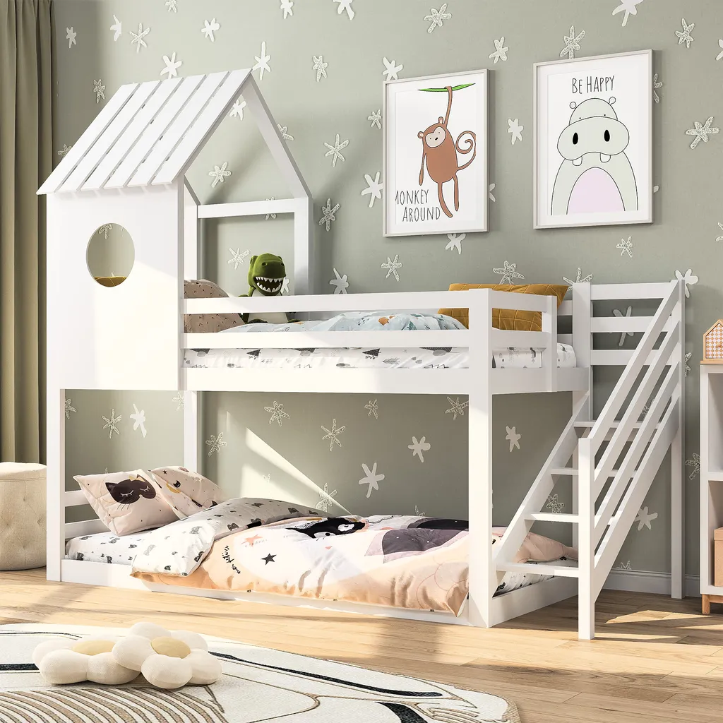 CDGlobal Lit superposé 90x200 cm blanc avec escalier et toboggan sûr