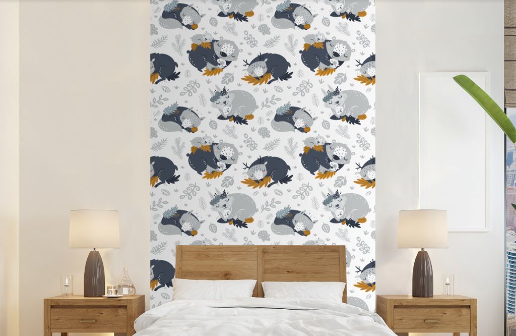 MuchoWow Fototapete für Wohnzimmer oder Schlafzimmer Wandtapete Vinyl Motivtapete Muster - Kinder - Tiere - Schlafen - 150x240 cm - Tapeten