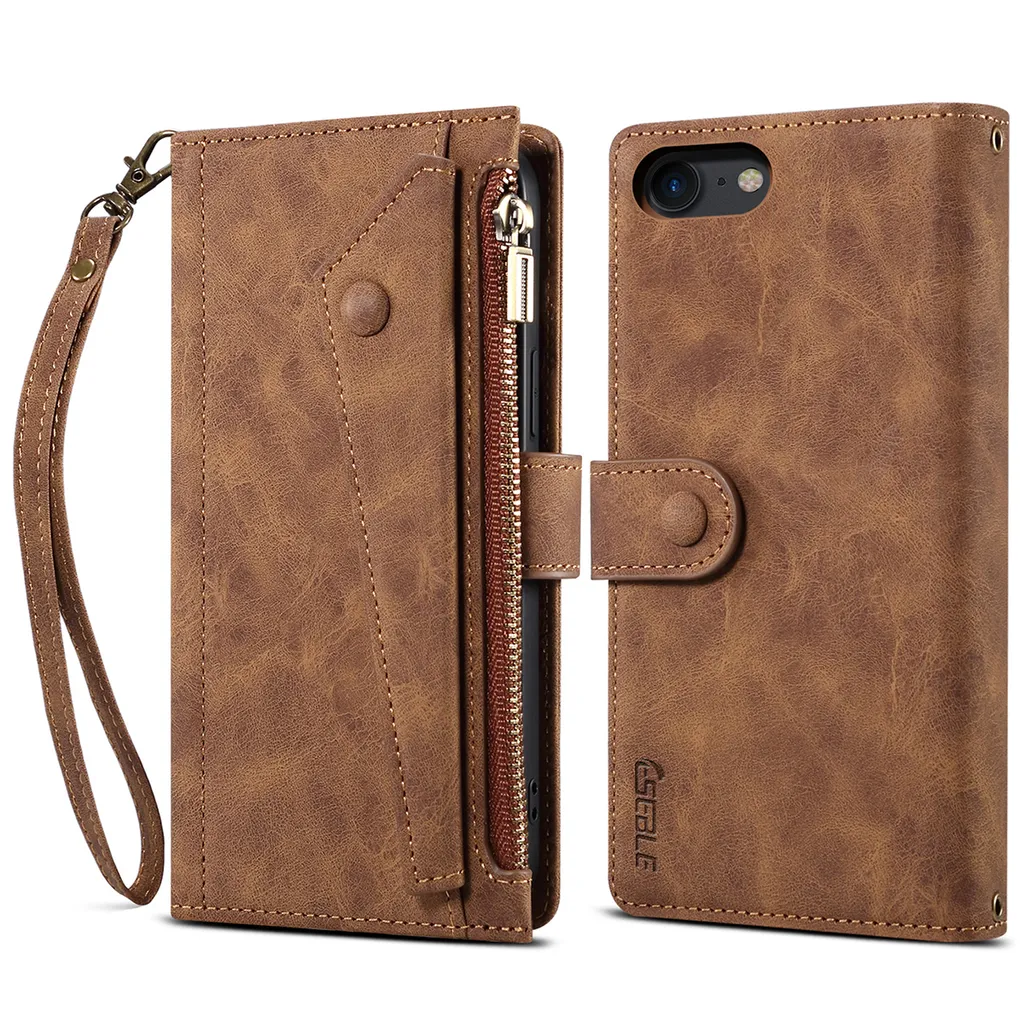 Elegante Custodia iPhone SE/8/7 Portafoglio Pelle Marrone con Cerniera