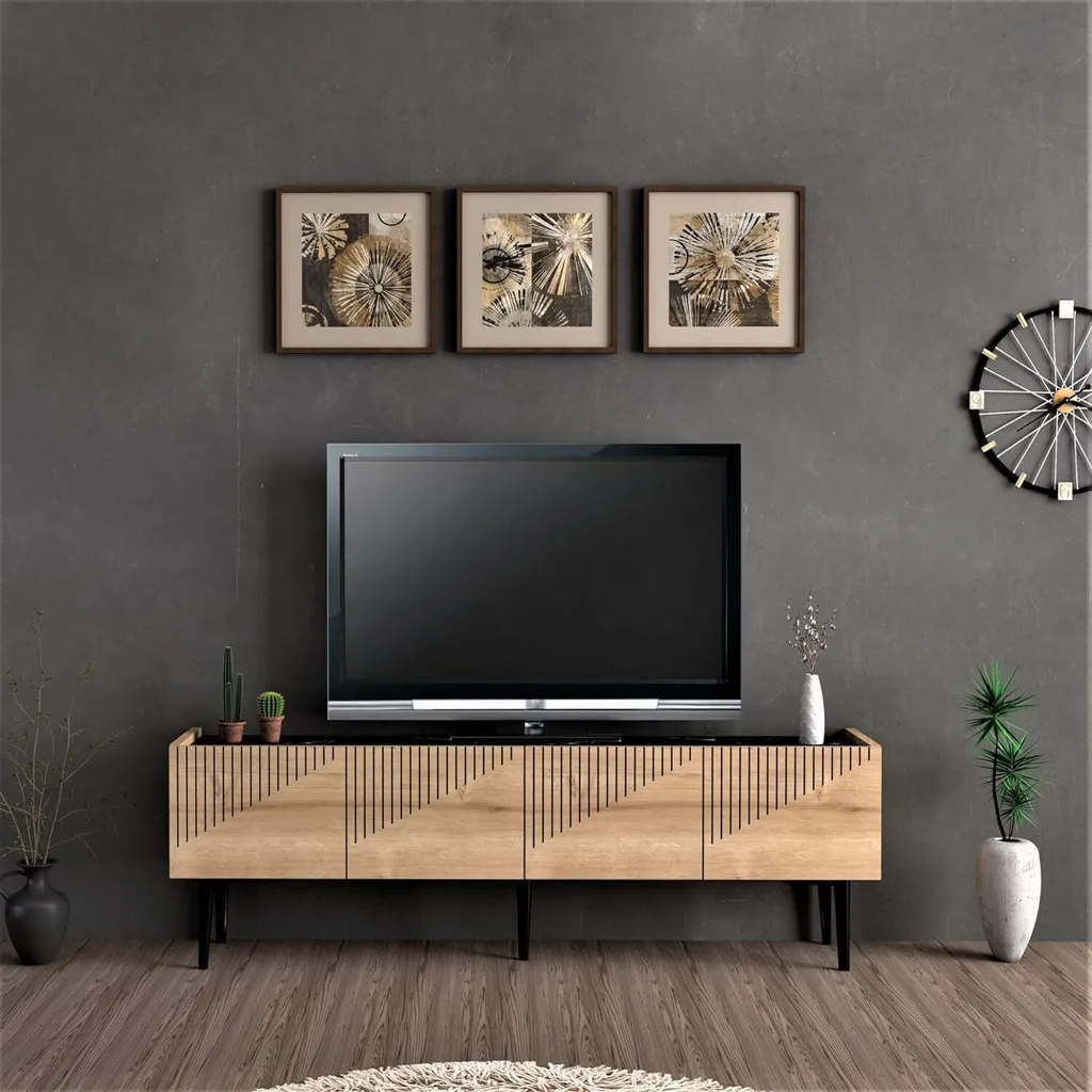 Banc TV Oppdal en Chêne avec Plateau Marbre Noir Chic de 154 cm