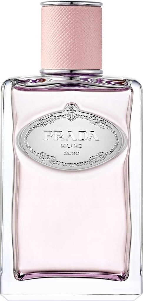 A studio shot of a bottle of Prada Infusion de Rose perfume.