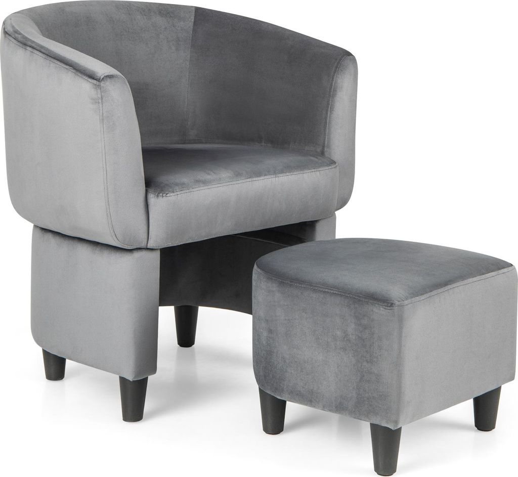 COSTWAY Sessel mit Fußhocker, Gepolsterter Samtsessel, Clubsessel Massivholz, Platzsparender Akzentsessel Relaxsessel, Grau