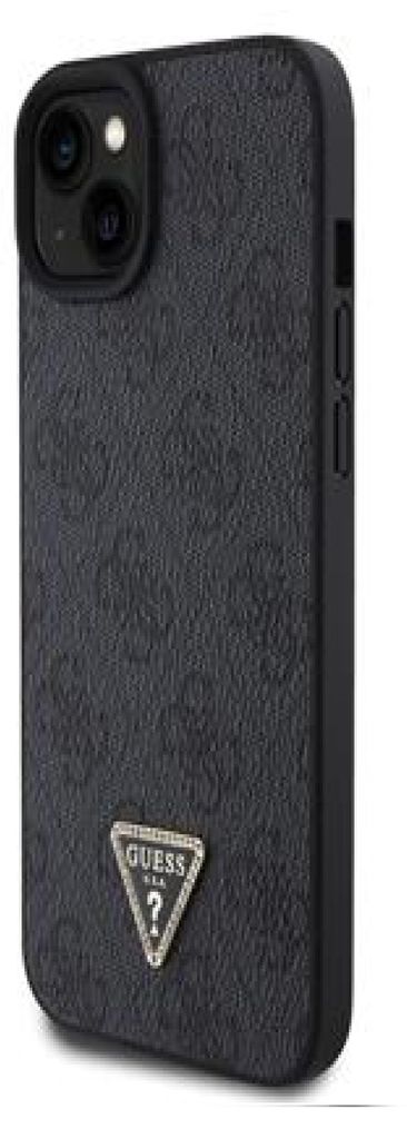 A black iPhone case with a textured pattern and a Guess logo.