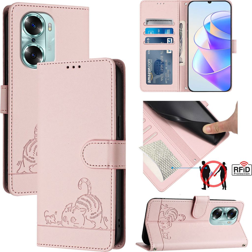 Leder Hülle für Honor 60 Süße Katze Flip Case Brieftasche Schutzhülle mit Standfunktion Pink