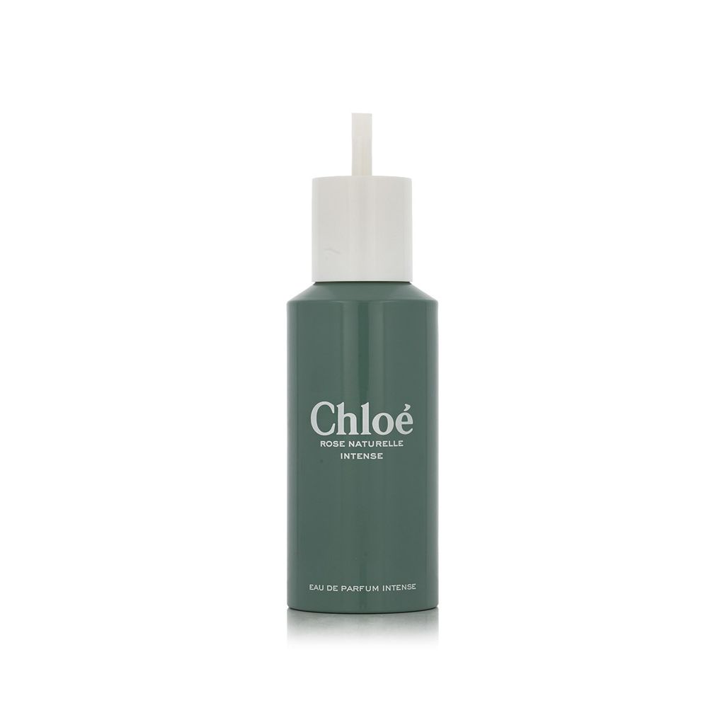 A product shot of a green perfume bottle with a white cap.