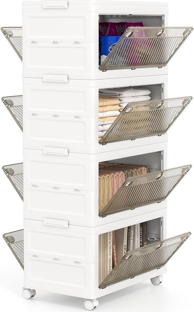 4-stöckige stapelbare Aufbewahrungsbehälter, 168 L Kunststoff-Aufbewahrungsboxen mit Rädern und Deckel, zusammenklappbarer Kleiderschrank, Weiß...