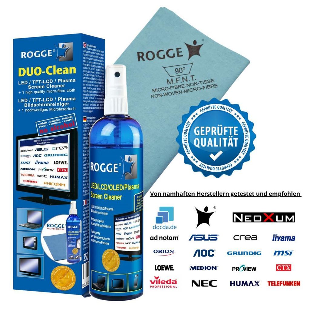 ROGGE DUO-Clean Original, 250ml Bildschirmreiniger inkl. 1x ROGGE Premium Microfasertuch. Für LCD-LED-TFT-OLED TV, Smartphone-Tablet usw.