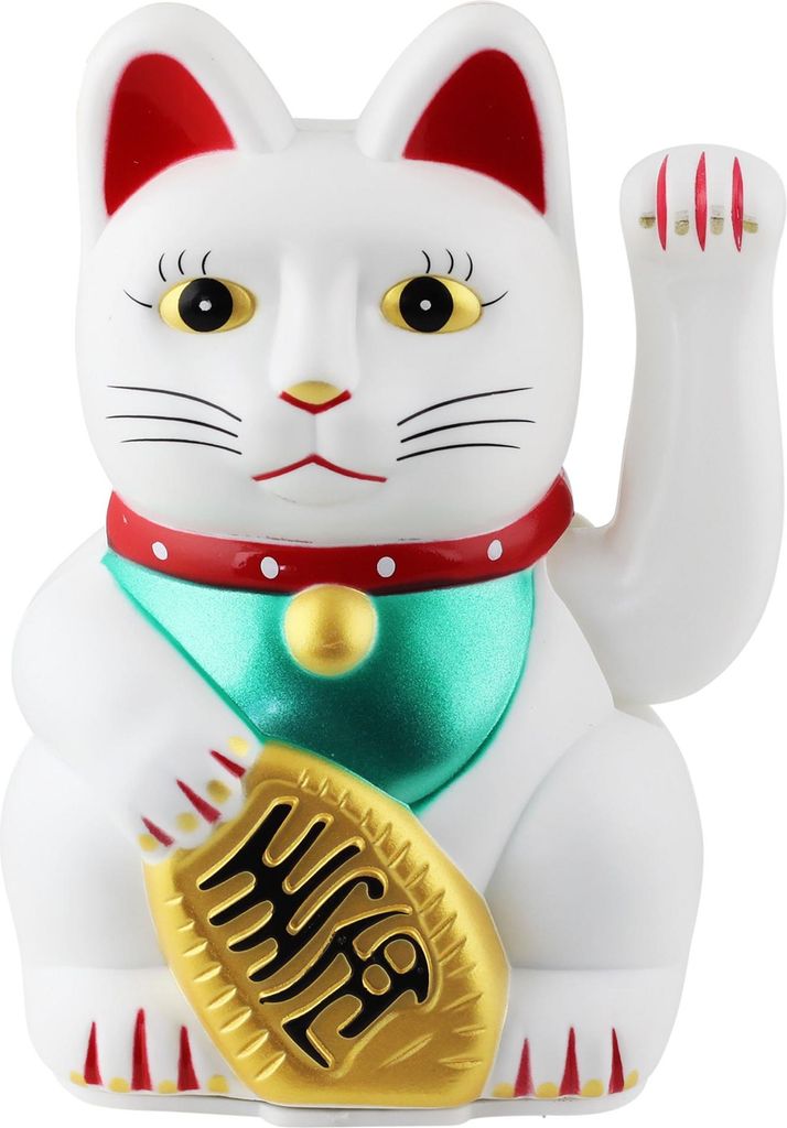 A white Maneki-neko (lucky cat) figurine.
