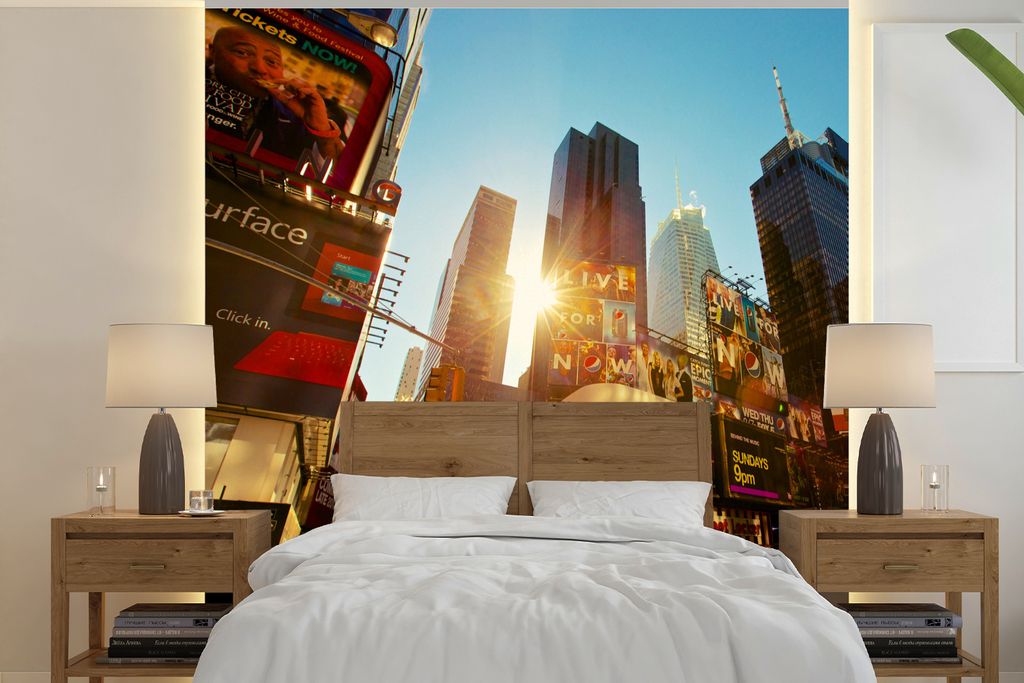 MuchoWow Fototapete für Wohnzimmer oder Schlafzimmer Wandtapete Vinyl Motivtapete New York - Amerika - Werbeschild - 240x240 cm - Schlafzimmer-T...