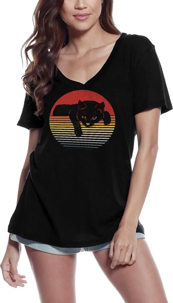 Damen Grafik T-Shirt V-Ausschnitt Retro Sonnenuntergang schwarz niedliche Katze Katze – Retro Sunset Black Cute Cat Cat – Öko-Verantwortlich V...
