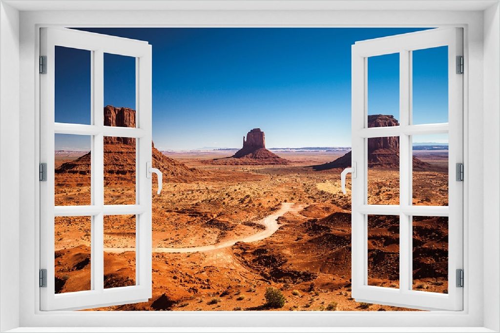 Wallario selbstklebendes Poster mit Fenster-Illusion - Monument Valley unter blauem Himmel, Größe: 100 x 150 cm