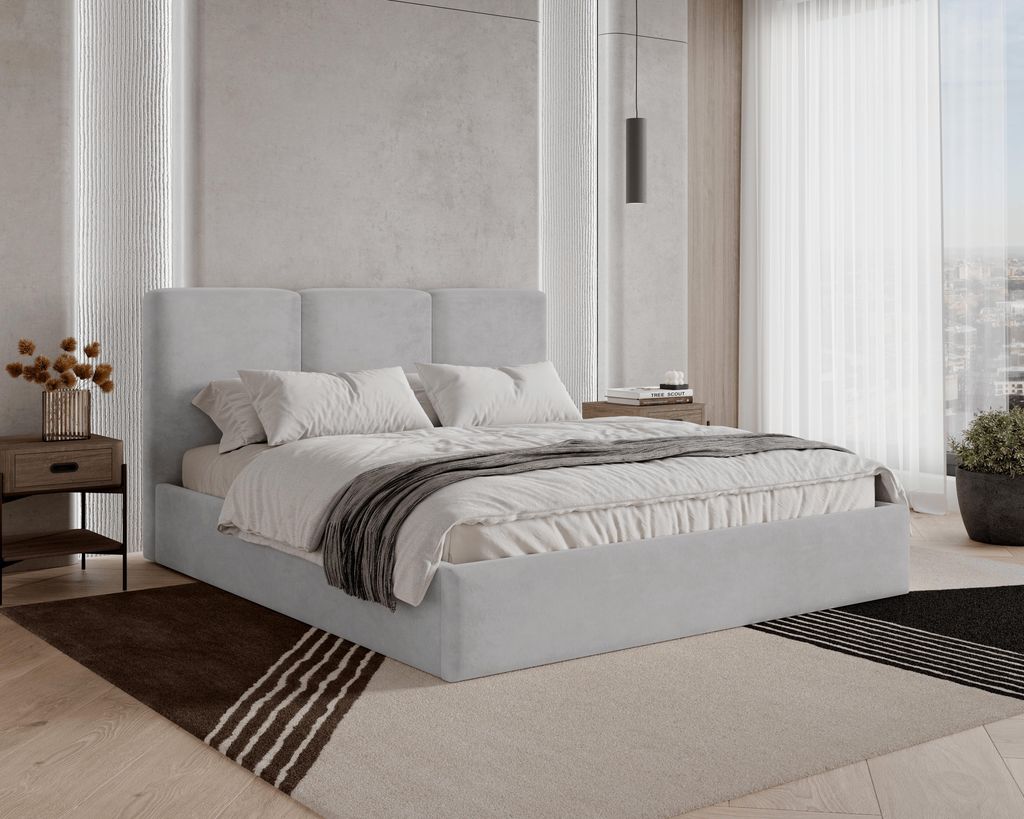 BESILIO Polsterbett mit Stauraum 200x200 Mira – schlankes, minimalistisches Bett mit Metallrahmen – Hellgrau