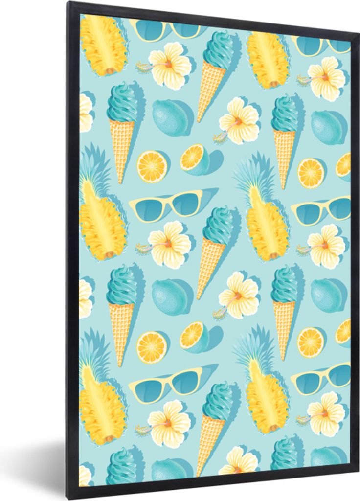 MuchoWow Gerahmtes Poster Obst - Blumen - Sonnenbrille - Sommer 60x90 cm - Poster mit Schwarzem Bilderrahmen Wandposter Rahmen Foto Bilder - Kunst