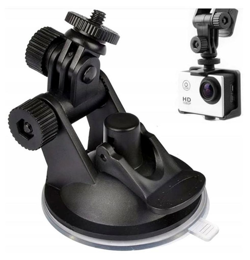 A black suction cup mount for a camera is shown against a white background. A small white camera with 'HD 1080p' text is visible in the upper right corner, attached to a similar mount.