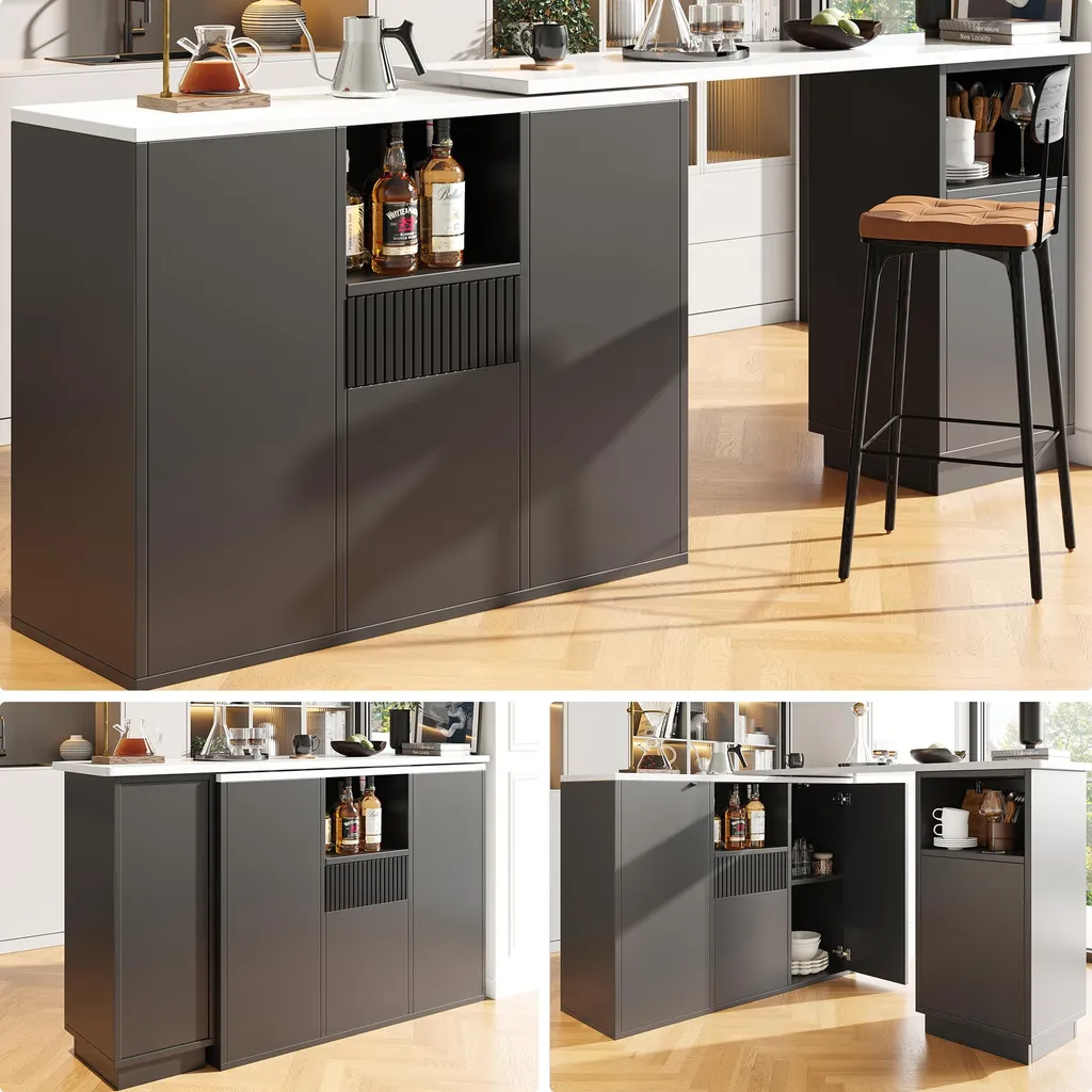 Table de bar noire pivotante 360° avec plateau marbre 210 x 30 cm