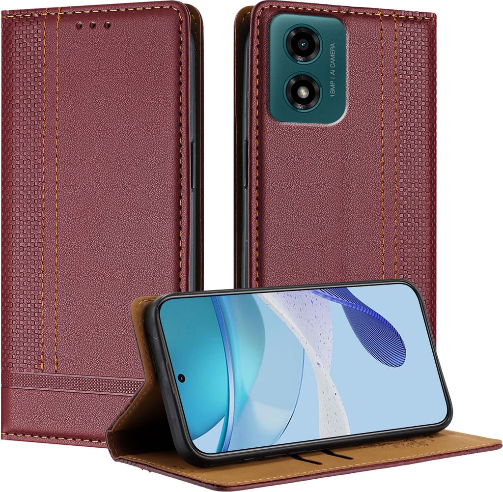Handyhülle für Motorola Moto G04 G24 Leder Flip Klappbare Schutzhülle mit Standfunktion Dunkelrot