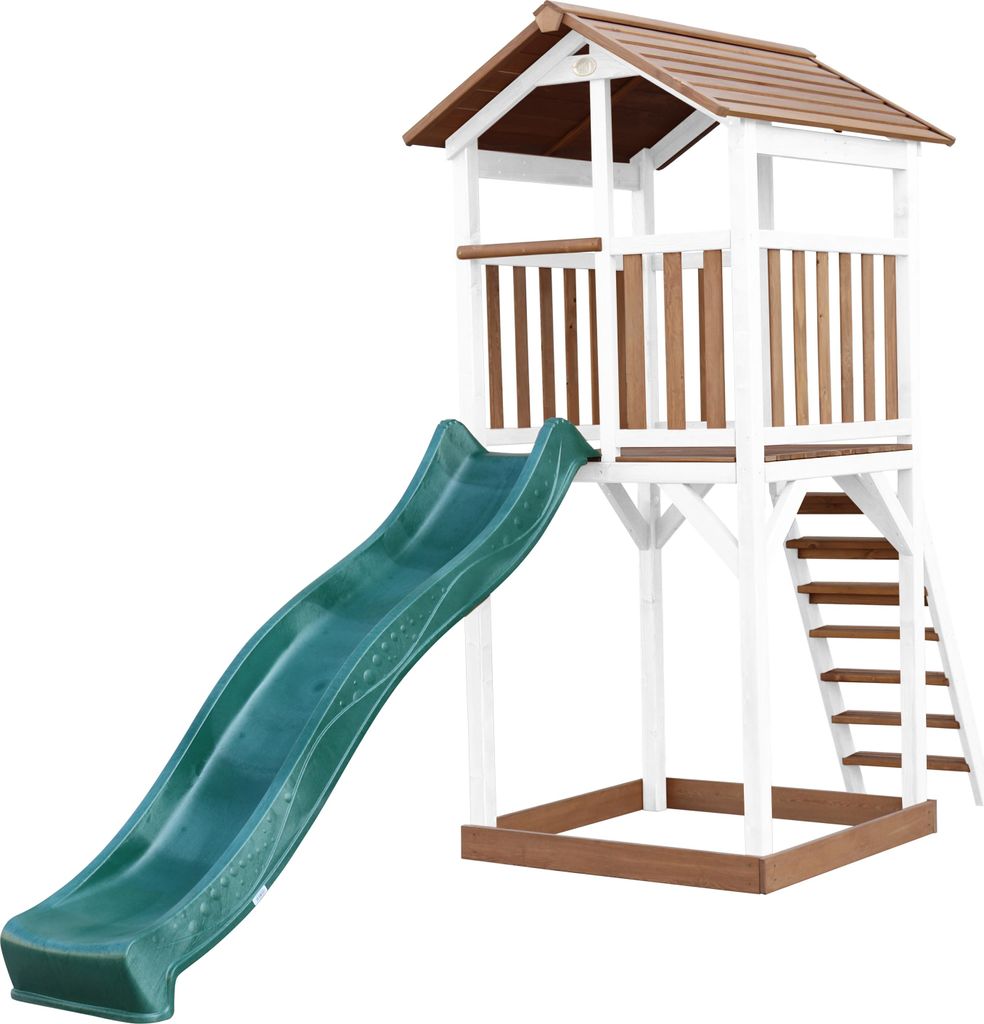 AXI Beach Tower Spielturm aus Holz in Braun & Weiß | Spielhaus für Kinder mit grüner Rutsche und Sandkasten | Stelzenhaus für den Garten