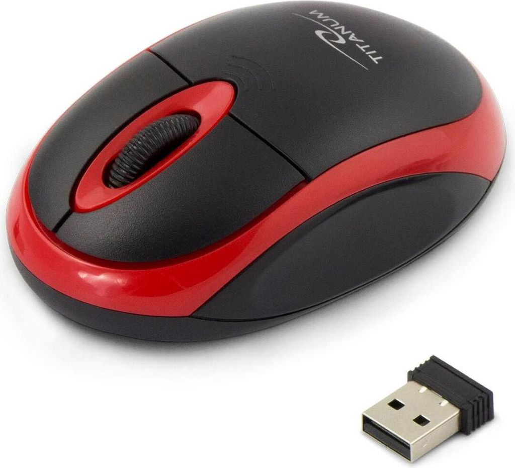 A wireless computer mouse and its USB receiver are shown on a white background.