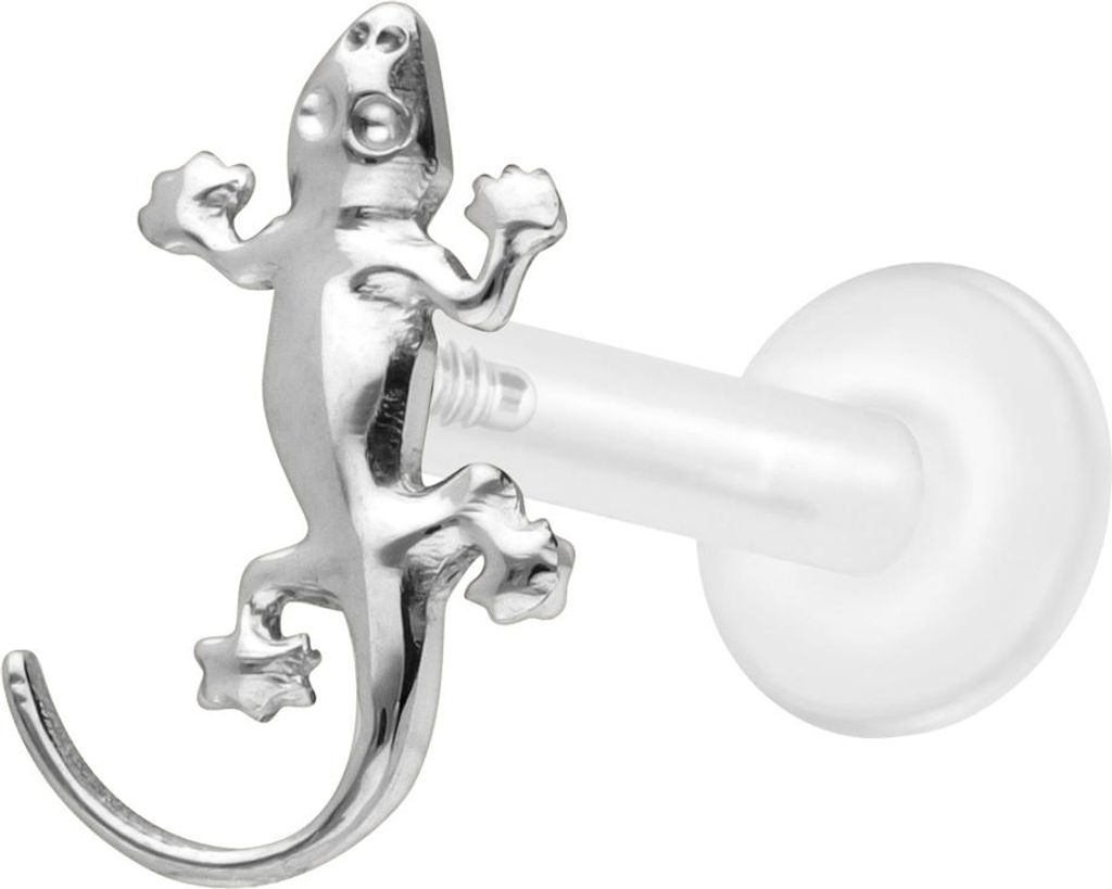 Ohrpiercing, Nasenpiercing PTFE Labret mit Innengewinde + Titan-Aufsatz GECKO Silber Stablänge: 10mm | Stabstärke: 1,6mm