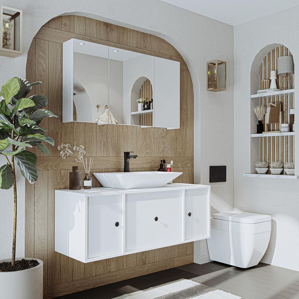 Roomart GUSTO-II-120 Badmöbel Set– 3-teiliges Badezimmermöbel Set - Unterschrank, Waschbecken & Spiegelschrank - H 45 x B 45 x T 120 cm - Weiß