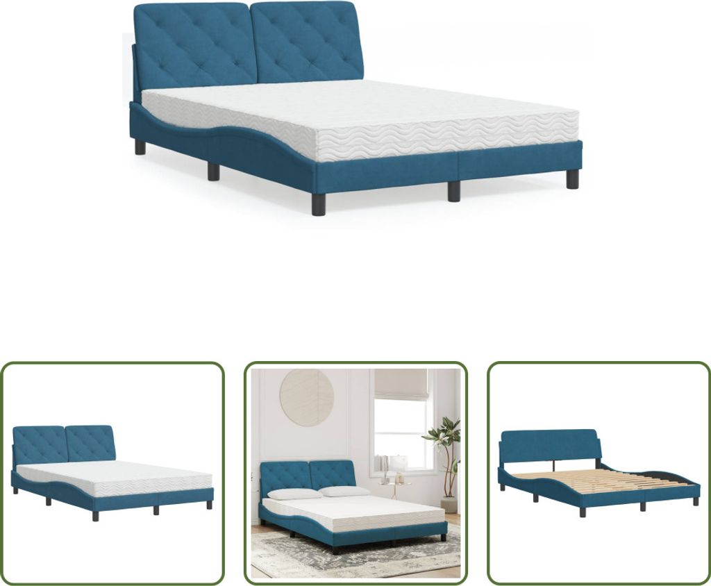 The Living Store Bett mit Matratze Blau 140x200 cm Samt