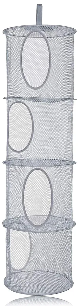 Sac de rangement suspendu en maille grise pour petits vêtements et linge