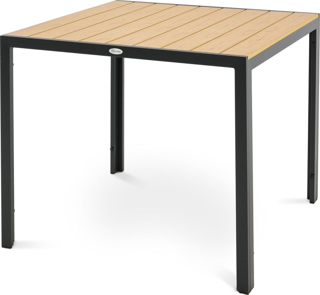 A square outdoor dining table with a slatted wood-look top and a black metal frame, shown against a white background.