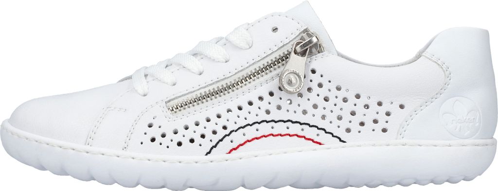 A side view of a white leather sneaker with perforated details and a zipper.
