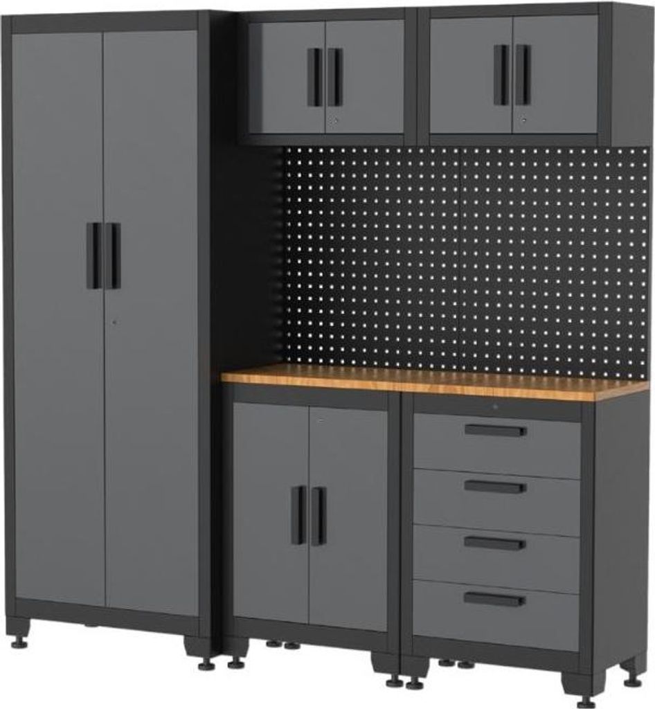 Modularer Schrank Werkstattmöbel Garage L1,95 m HT 2,00 m 8 modulare Elemente Anthrazitgrau Vormontiert VITO