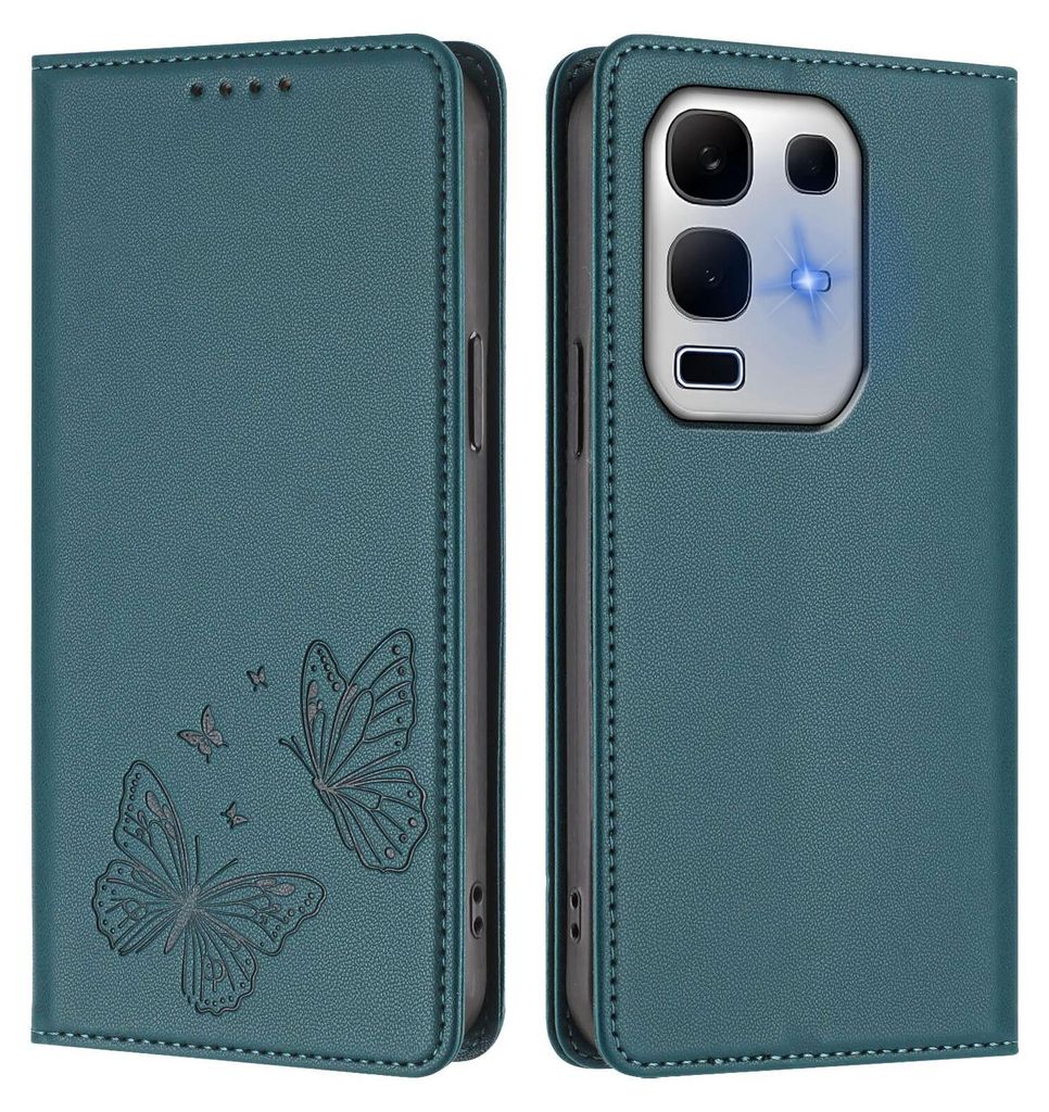Lederhülle für Infinix Note 50X 5G, Schmetterling Prägung Leder Brieftasche Schutzhülle mit Ständer Grün