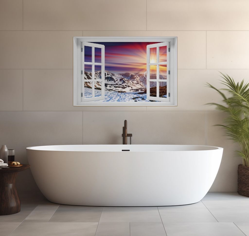 Wallario wasserfestes Poster selbstklebend 91,50 x 61 cm, Farbenfroher Sonnenuntergang im Winter - Schnee in den Bergen, Badezimmerposter Spritzsch...