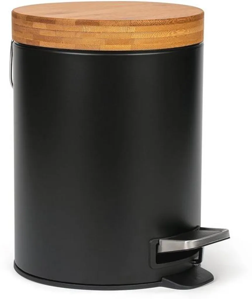 Petite poubelle à pédale 5L bambou et métal noir mat pour toilettes