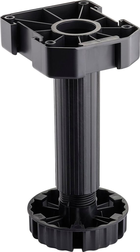 A single black adjustable cabinet leg is shown against a white background.