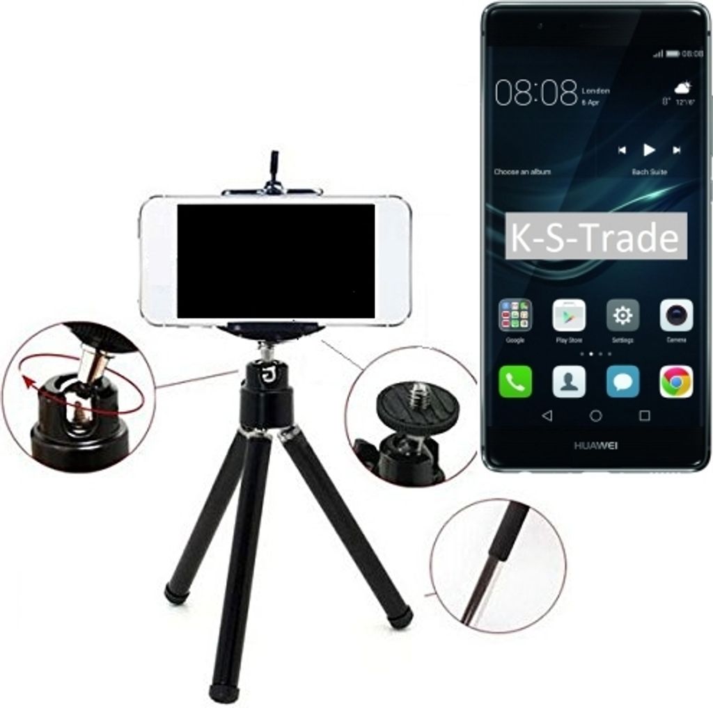 K-S-Trade Smartphone Stativ Dreibein kompatibel mit Huawei P9 Tripod aus Aluminium Klemmstativ Stativ Adapter für Mobiltelefone schwarz 1x