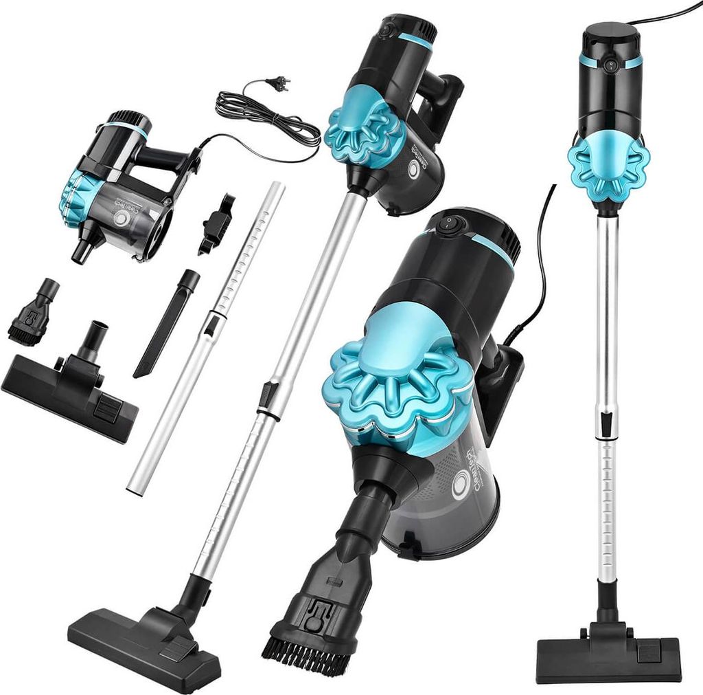 A collage of a cordless vacuum cleaner and its accessories, displayed against a white background.