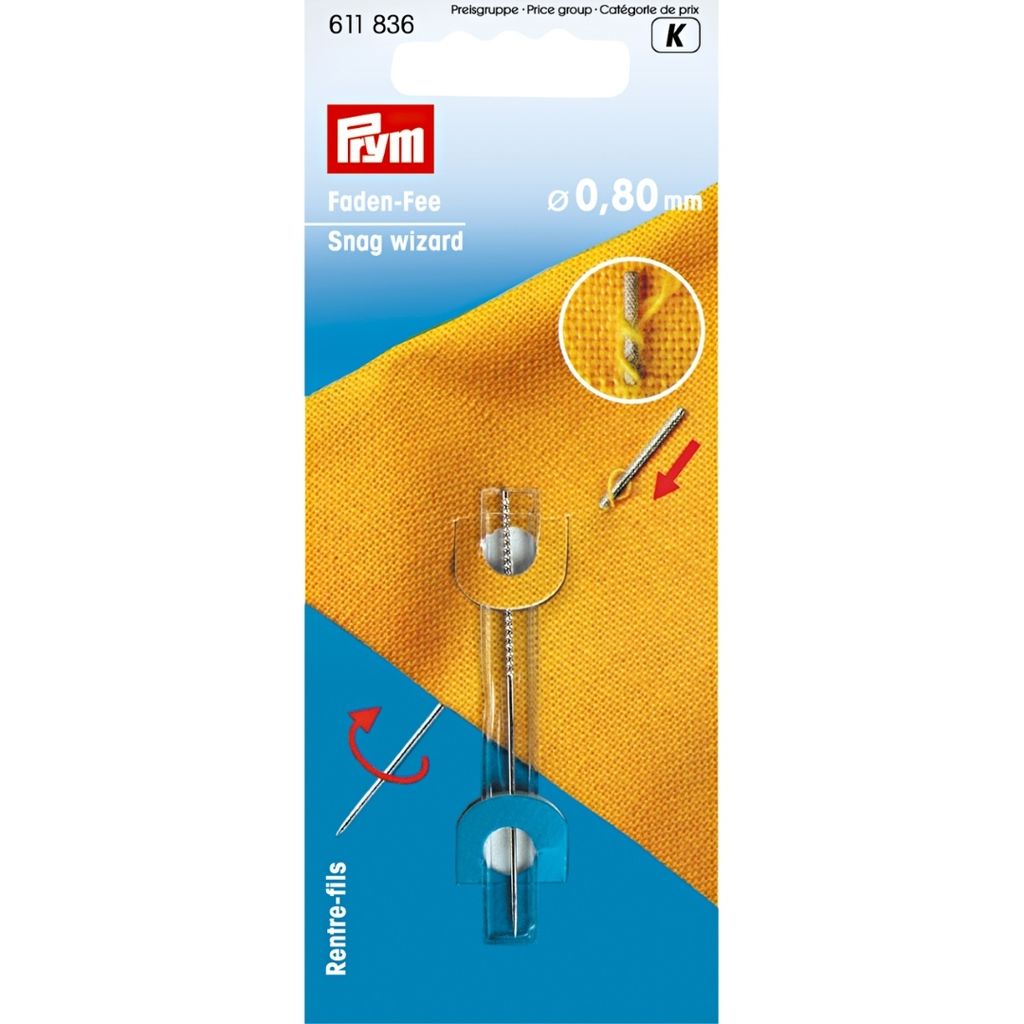 The image shows the packaging of a sewing tool, a Prym Faden-Fee snag wizard, with an illustration of its use on fabric.