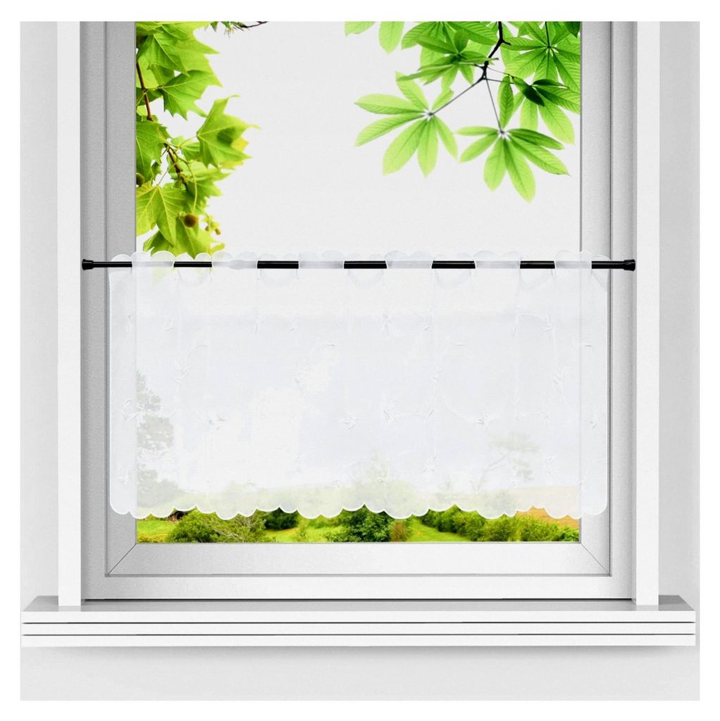 Voile Scheibengardine mit Blätterstickerei im Landhausstil, Kurzstore für die Küche, bestickter Kurzvorhang mit Stangenlöchern, Weiß, HxB 45x1...