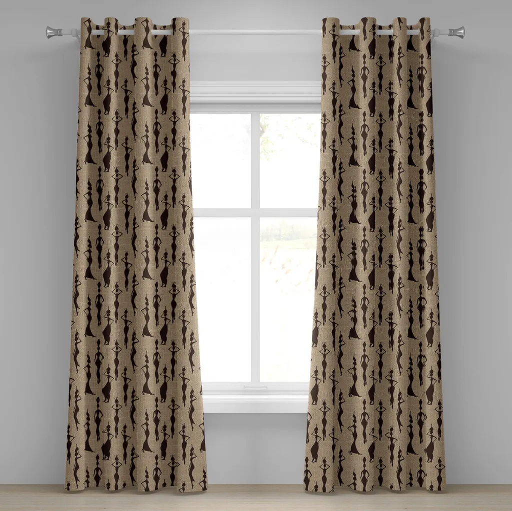 Rideaux décoratifs motif ethnique Afrique 2 panneaux en beige et marron