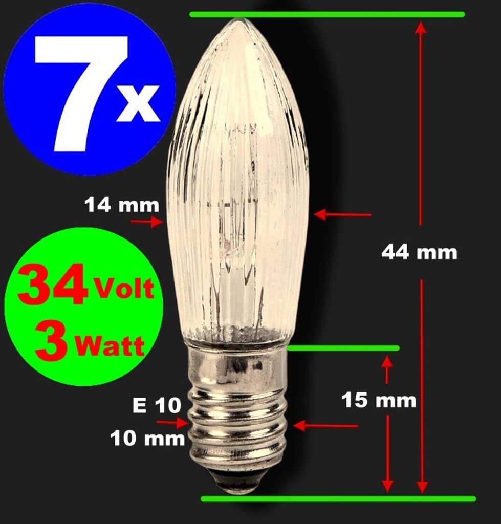 7 x Riffelkerze E 10 Spitzkerze Ersatzbirne 34 Volt 3 Watt Produktbild 1