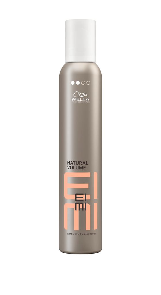 A product shot of a Wella EIMI Natural Volume Styling Mousse bottle against a white background.