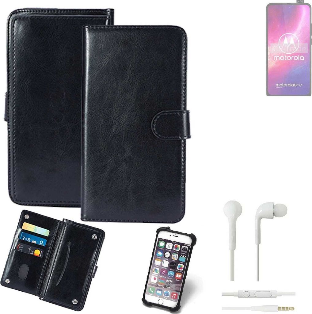 K-S-Trade 360° Hülle kompatibel mit Motorola One Hyper inkl. Headphones schwarz Kunstleder Case BookCase WalletCase Kunstlederederhülle