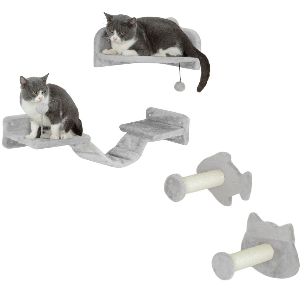 A set of four grey cat climbing wall accessories, including shelves, a ladder, and scratching posts, with two cats present on some of the accessories.