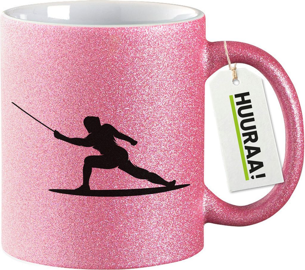 Huuraa Glitzertasse Fechten Silhouette 330ml Pink Keramik Kaffeebecher Geschenkidee