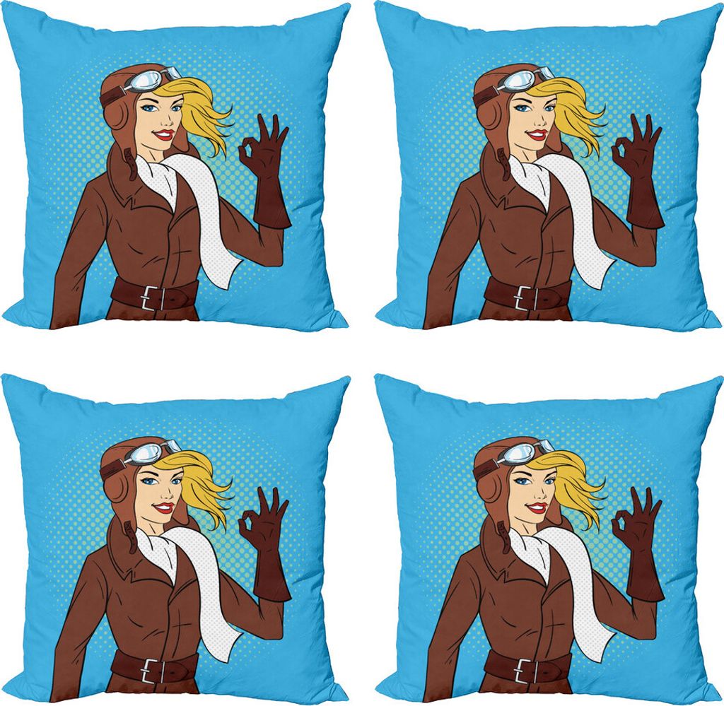 ABAKUHAUS Pin up Girl Kissenbezug Set (4 Stück), Pop-Art-Pilotin, Moderner Doppelseitiger Digitaldruck, 45 cm x 45 cm, Mehrfarbig