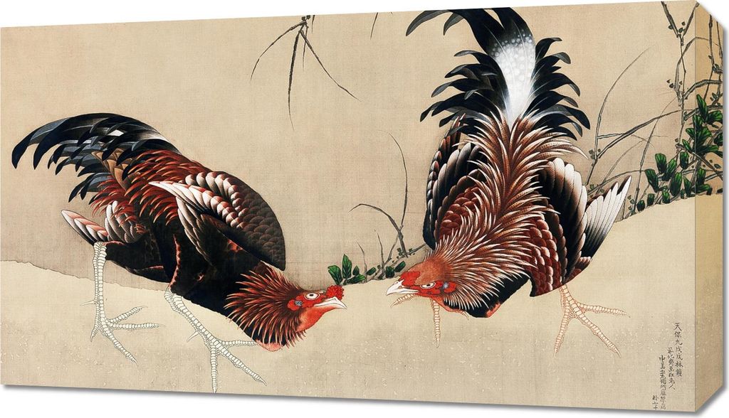 Bild 70x40cm Gamecocks, Hokusai Japanisch Vintage für das Wohnzimmer