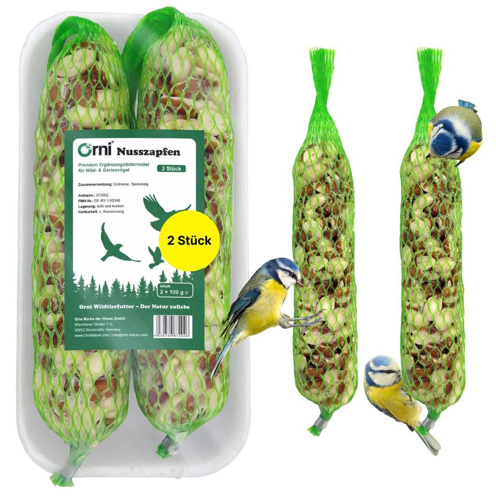 Orni Nusszapfen für Wildvögel 2 Stück | PREMIUM Ganzjahres Produktbild  KI-generiertes Bild