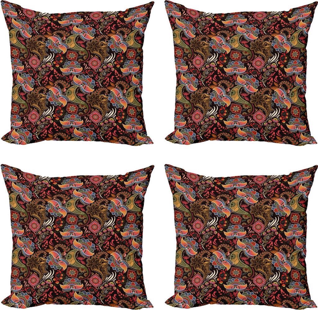 ABAKUHAUS Jacobean Kissenbezug Set (4 Stück), Jumble Warm Tone Blumen, Moderner Doppelseitiger Digitaldruck, 40 cm x 40 cm, Dark Brown Multicolor