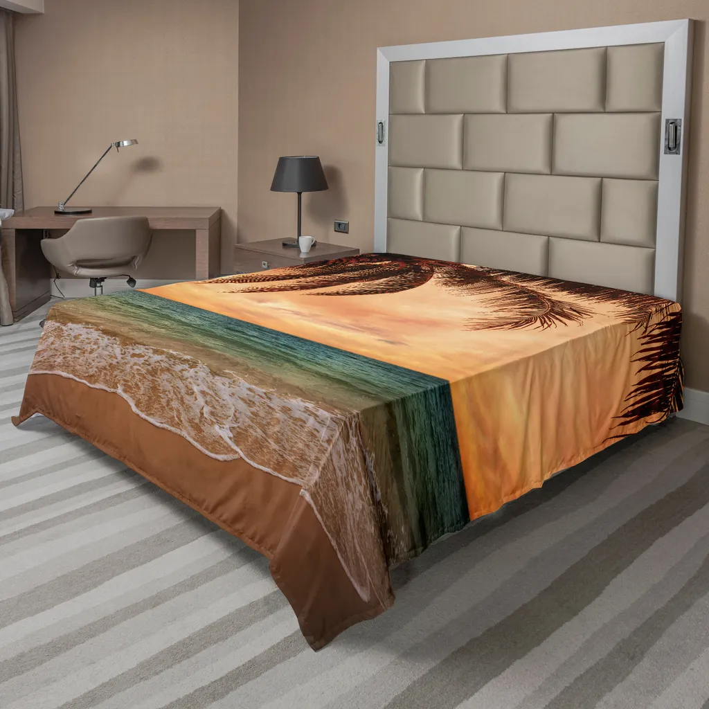 Lenzuolo Con Angoli ABAKUHAUS Oceano - 120x190 Cm, Blu Turchese, Con Palme E Spiaggia - Morbido Microfibra - 2
